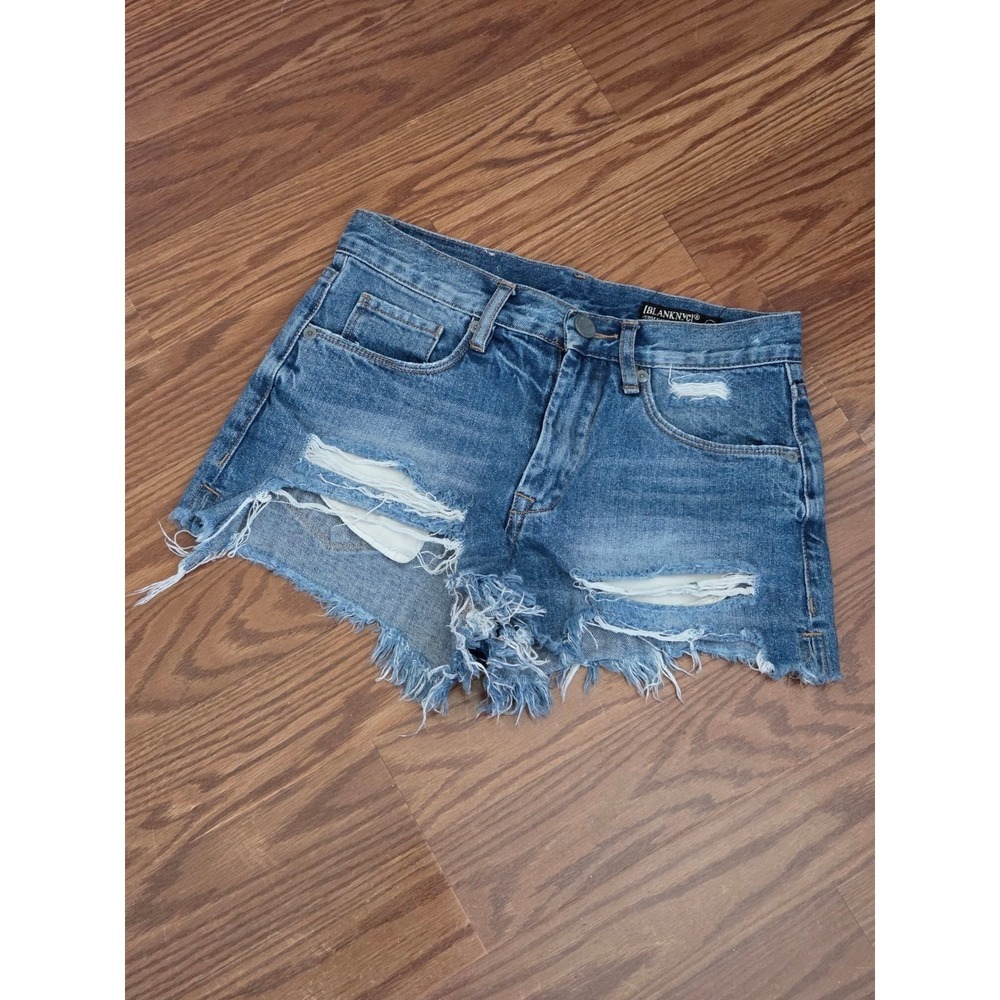 BlankNYC High Rise Distressed Denim‎ Shorts Blue Frayed Hem Size 25